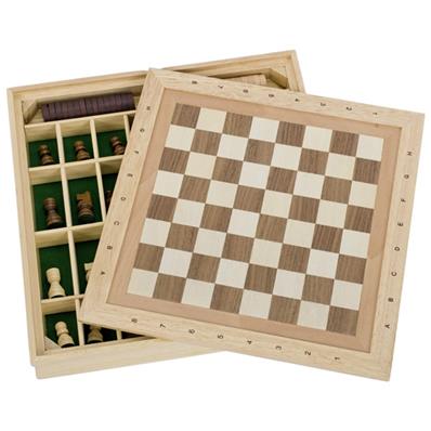 Coffret bois jeu d'échecs dames et jeu du moulin