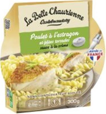 Plat cuisiné poulet à l'estragon et pâtes torsades