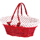 Panier osier et bois ovale rouge tissu blanc pois rouges anses rabattables