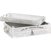 Coffret bois rectangle gris effet patiné 2 poignées corde 35x21x12 cm