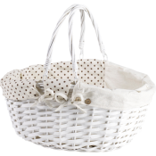 Large White Oval Wicker Basket with Fabric Interior 2 Handles