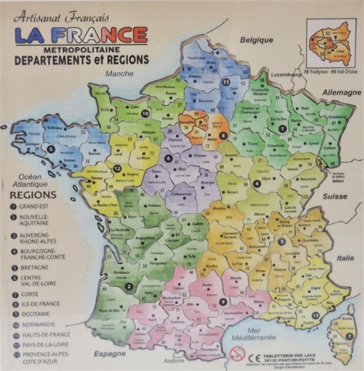 Puzzle Carte De France Departements Et Regions Tabletterie Des Lacs La Ruche Des Passions