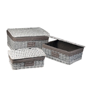 Set of 3 boxes rectangular wicker wood gray fabric
