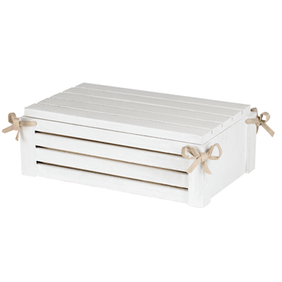 Coffret rectangle bois lattes gris avec tissu beige 35x21x12 cm