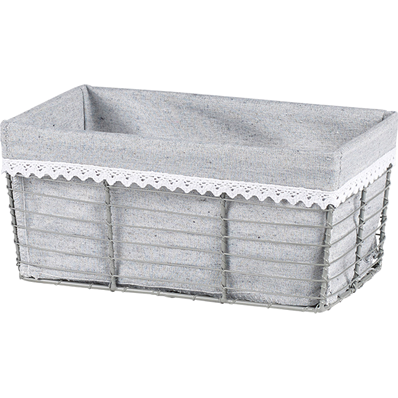 Corbeille métal rectangle gris tissu gris liseré crochet blanc
