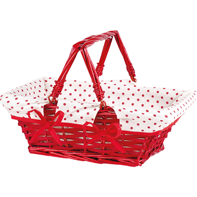 Panier osier bois rectangle rouge tissu blanc pois rouges 2 anses rabattables