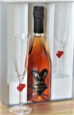 Coffret Bouteille Vin Rosé M Rose & 2 Flûtes Stölzle Lausitz