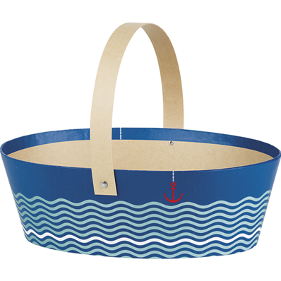 Panier carton ovale décor "LA MER" kraft/bleu anse rabattable